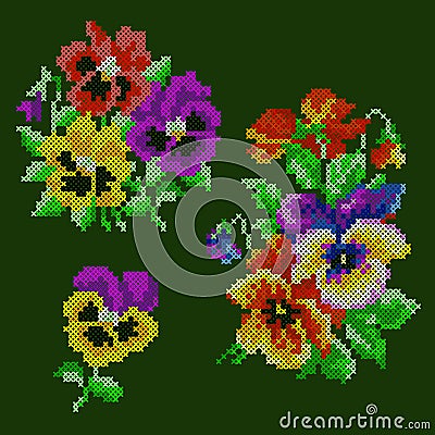 Vector illustration cross stitch pansies Vector Illustration